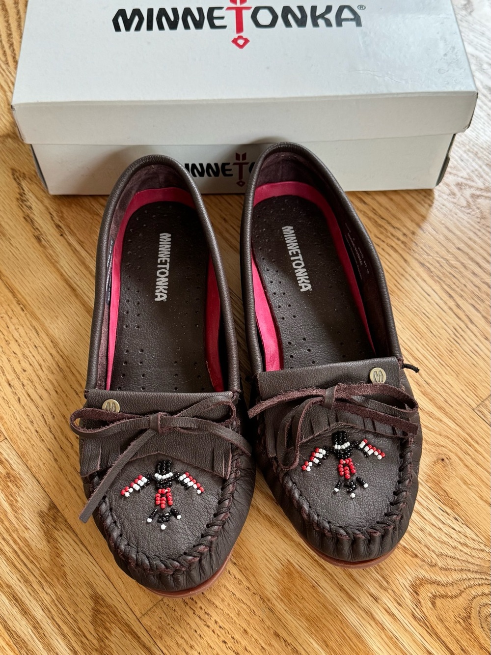 Minnetonka Brown Thunderbird Hardsole Moccasins with Red & White Bead Accents